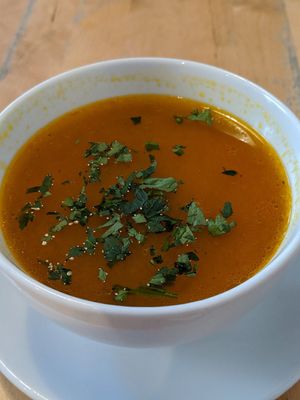 Pumpkin noodle soup at Lokal Vegan Bistro in Warsaw