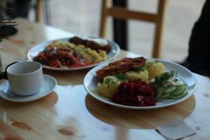 Cutlet with potatoes + cucumber & beetroot salad at Lokal Vegan Bistro in Warsaw