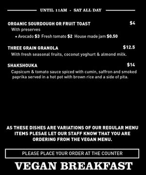 Vegan Breakfast Menu at Soma in Sydney