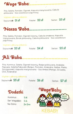 Menu, July 2021 at WegeBaby Kebaby in Warsaw