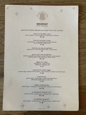 Breakfast menu September 2025  at Scarecrow in Auckland