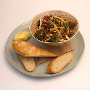 Broccoli, Quinoa & Almond Salad. Blanched broccoli combines with quinoa & preserved lemon for a fresh and satisfying salad garnished with an almond crunch. Vegan. at Scarecrow in Auckland