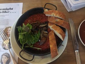 Vegan shashuka with mushrooms  at Scarecrow in Auckland