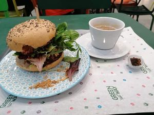 Black bean burger with a Soya Latte and brownie at Greenway in Brussels