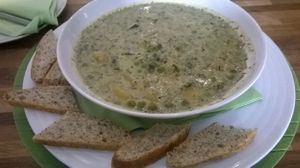 potato, peas and herbs stew - varivo with hemp bread at Sumski Kuhar in Zagreb