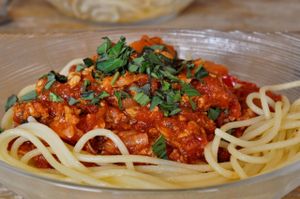 Spaghetti bolo vegan at Veganopolis Cafe in Lausanne
