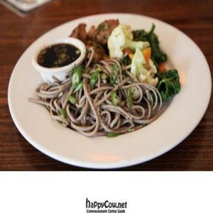 soba good bento: buckwheat soba, seitan, chipotle lime kaeshi sauce, seasonal vegetables. at Spiritland Bistro in Santa Barbara