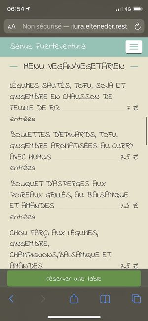 Menu (starters) at Sanus in Fuerteventura