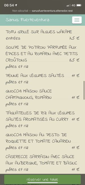 Menu (starters and main) at Sanus in Fuerteventura