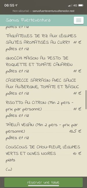 Menu (main) at Sanus in Fuerteventura