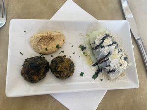 Cabbage rolls and tofu fritters  at Sanus in Fuerteventura