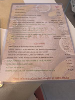 Food menu. Vegan choices in green at Sanus in Fuerteventura