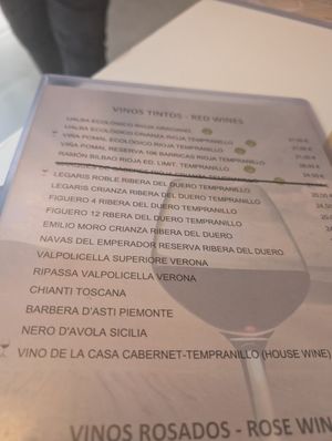 Red, white and rose wine menu with clearly marked vegan choices at Sanus in Fuerteventura