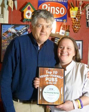 Proud to have been voted one of the top 10 vegan-friendly pubs in the UK by PETA at Flowing Spring Pub in Playhatch