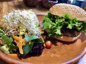 Lentil burger with salad  at La Colmena in San Andres Cholula