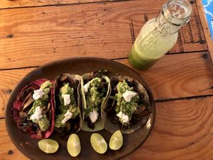 Tacos hongos with a Santoi green juice   at La Colmena in San Andres Cholula