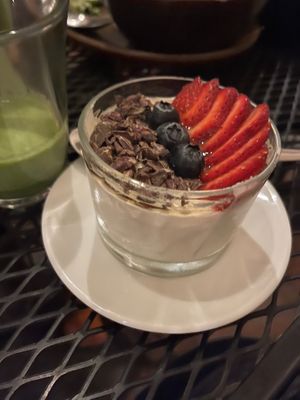 Green juice and panna cotta  at La Colmena in San Andres Cholula