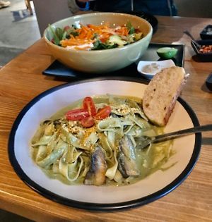 Fettuccine with pesto sauce and salad at La Colmena in San Andres Cholula