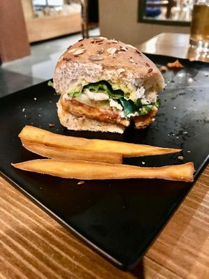 Eggplant sandwich with sweet potato fries at La Colmena in San Andres Cholula