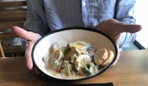 Ravioli with almond cheeze, broccoli, mushrooms at La Colmena in San Andres Cholula