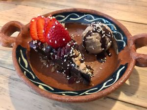 Raw chocolate cake and vegan ice cream  at La Colmena in San Andres Cholula
