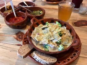 Vegan ravioli with cheese sauce  at La Colmena in San Andres Cholula