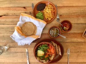 Tofu dish and rice bowl for breakfast.  at La Colmena in San Andres Cholula