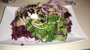 Great salad with mushroom cream and dried onions at Sjala Mat in Stockholm