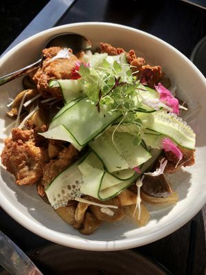 Mushroom noodle stirfry with mock chicken  at Bodhi in Sydney