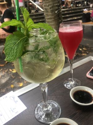 Princes pink sparkle. And LBV minty elderflower cocktail   at Bodhi in Sydney