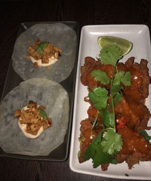 Pancakes and chicken skewers  at Bodhi in Sydney