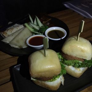 Mini burgers and Peking 'duck' with pancakes. at Bodhi in Sydney