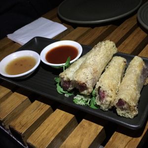 Sweet potato & yam rolls in rice noodle pastry net. at Bodhi in Sydney
