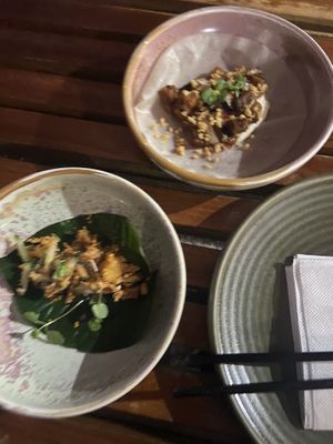 Tapas. Betel leaf and chili Basil pancakes  at Bodhi in Sydney