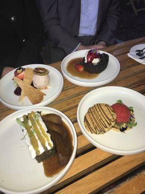Desserts: 
top left: upside fown keylime pie
top right: sticky date pudding 
bottom right: blood orange sorbet
bottom left: lemon myrtle & chai poached whole pear at Bodhi in Sydney