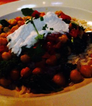 Chickpea and butternut squash vegan stew with basmati rice and vegan sour cream at Meridian Pint in Washington