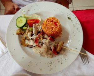 Vegan skewer with mushroom sauce at Blumenhotel Restaurant in Bergneustadt