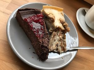 Chocolate & chocolate chip cheese cake. Both good, chocolate chip was ??. at Velicious in Berlin