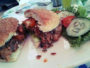 vegan bean burger at Hecho Con Amor Deli in Guatape