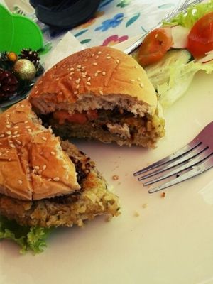 vegan lentil burger at Hecho Con Amor Deli in Guatape