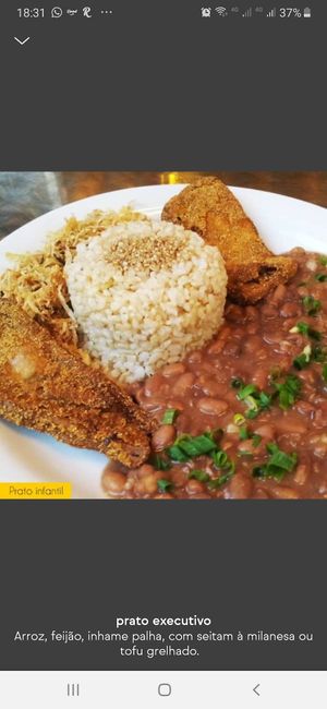 Prato infantil, arroz integral, inhame palha feijão e seitan à milanesa at Vegetariano Social Clube Delivery in Rio De Janeiro