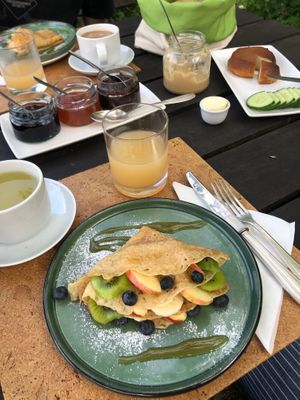 Tender pancakes with fruits and dandelion syrup at Eco Rooms Slovenia in Sela Nad Podmelcem