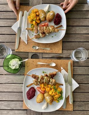 Baked potatoes and carrot & peas from the garden, homemade seitan and beet & apple sauce and homemade vegan mayo. Delicious. at Eco Rooms Slovenia in Sela Nad Podmelcem