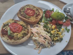 "pizza" and salad with coleslaw at The Mayor's Cafe in Bedworth