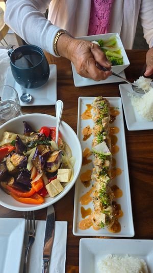 Eggplant basil, sushi, and veggie soup at H.O.P.E. in Studio City