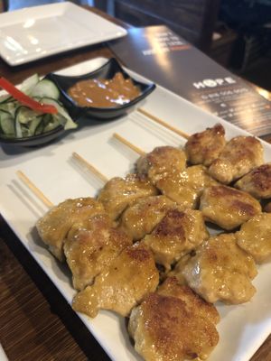 “Satay”, I’m not a fan, but I would recommend to anyone that loves peanut butter or peanut sauce seasoning.  at H.O.P.E. in Studio City