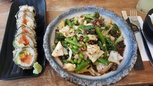 Stir fried greens + deep fried sushi at Kampai Sarona in Tel Aviv
