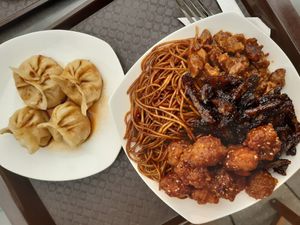 Big plate 3 mains 1 side. Pumpkin, bbq seitan, soya. Dumplings at 96 Zen Etterem in Budapest