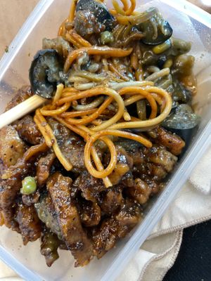 Noodles with a spicy (I think tofu) and eggplant. at 96 Zen Etterem in Budapest