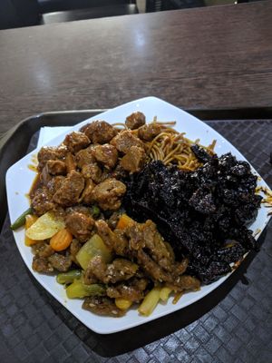 several mock meats and noodles at 96 Zen Etterem in Budapest